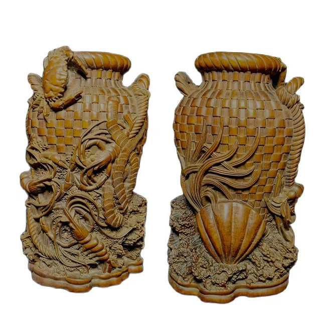 6" antique Boxwood wood carving wooden statue carvings lobster penholder vintage figurines
