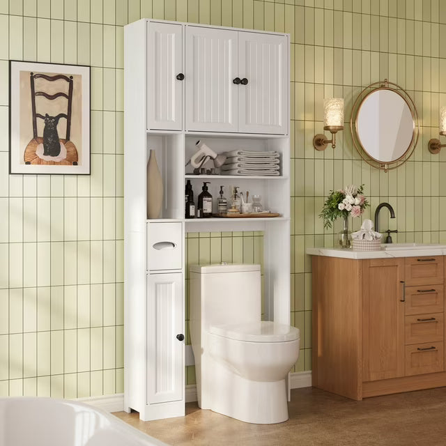 Asofer Mueble de Almacenamiento para Colocar sobre el Inodoro de 71" de Alto con Estantes y Puertas Ajustables