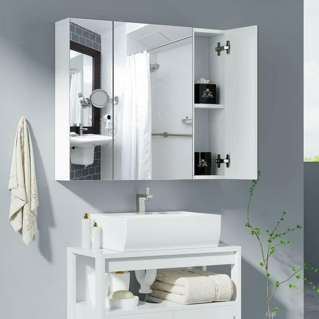 Espejo de Almacenamiento Montado en la Pared de 3 Puertas con Estantes Ajustables Blanco