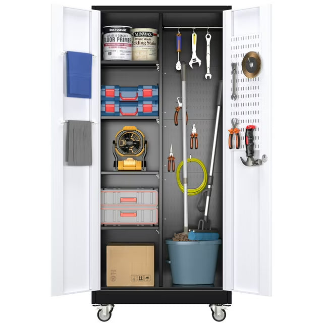 JAORD Metal Rolling Garage Storage Cabinets with Hanging Rod and 5 Pegboards
